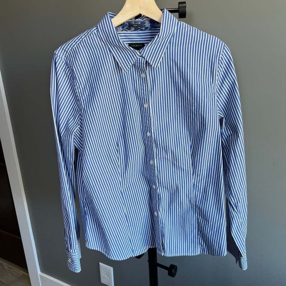 Talbots Blue and White Striped Button Up Shirt Top Size 14